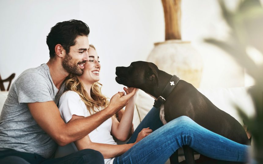 He brings joy and laughter into our lives. Shot of a couple and their pet relaxing at home.