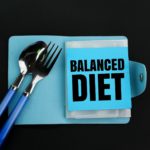 spoon, fork and book with the word balanced diet.