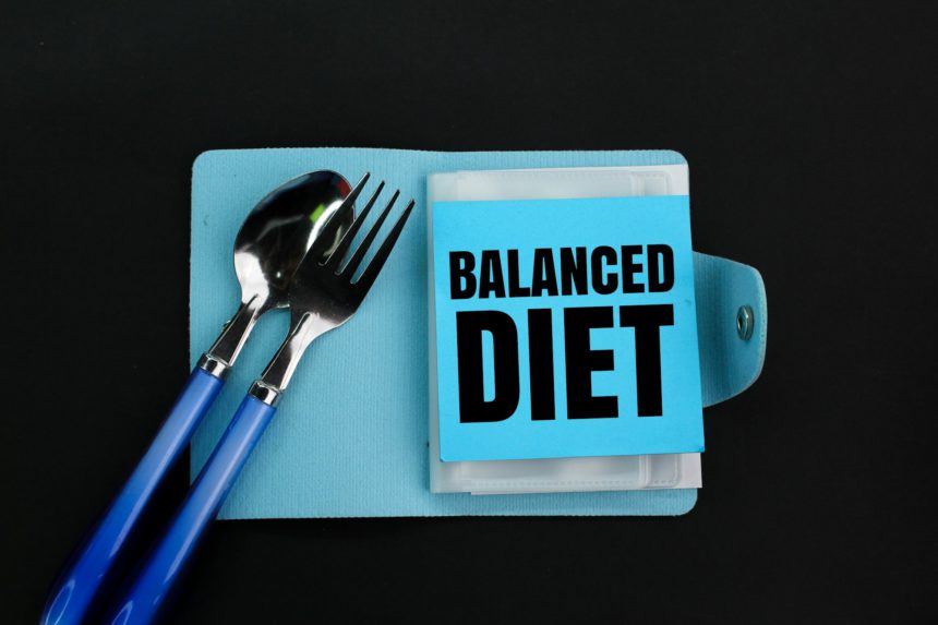 spoon, fork and book with the word balanced diet.