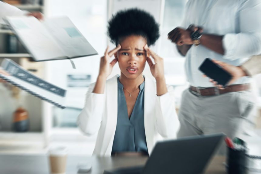 Stress, headache and portrait of an overworked black woman with burnout, management anxiety and tir